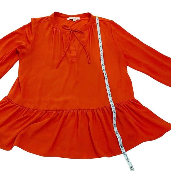 Loft Orange Red Tie Front Peasant Blouse With Ruffle Peplum Hem, Size Large - Picture 8 of 16